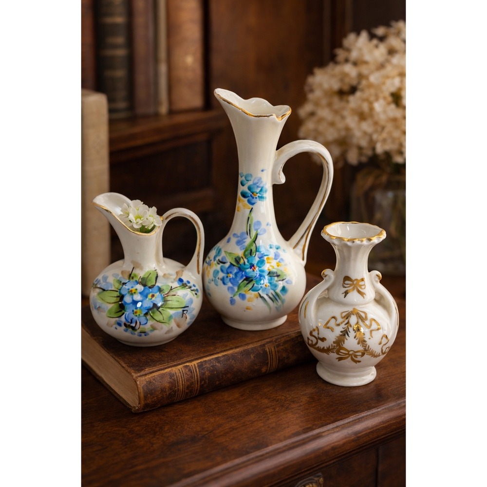 Vintage Italian Hand Painted Pitchers & Vase Cottagecore Floral Decor Set